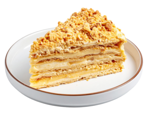 Exquisite Slice of Layered Napoleon Cake with Crumbly Topping on a Plate