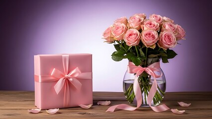 Elegant bouquet of pink roses with gift box
