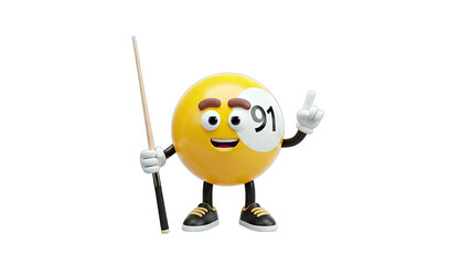 Cartoon Billiard Ball Holding Cue and Pointing Up