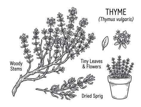 Detailed illustration of thyme herb plant, woody stems, tiny leaves, and potted sprig drawing.