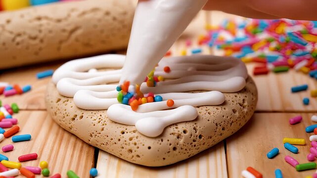 Decorating Heart Shaped Cookie With White Icing and Sprinkles