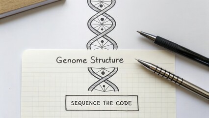 Detailed Illustration of Genome Structure with DNA Helix and Writing Tools on a Notebook Page for Scientific Research