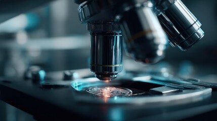 High Magnification Microscope Examining Sample in Futuristic Laboratory