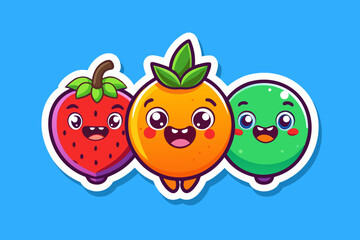 Adorable Kawaii Fruit Characters Sticker Set, Cheerful Strawberry, Orange, and Lime Cartoon Trio, Cute Fruit Stickers with Happy Smiling Faces