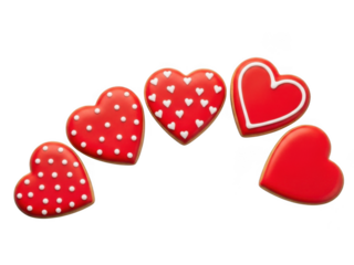 Five red hearts with polka dots isolated on transparent background