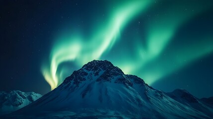 Green aurora borealis over snow covered mountain peak