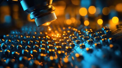 An atomic force microscope arranging individual atoms into a perfect lattice, the probe tip emitting a faint beam of light as it precisely places each glowing sphere, 