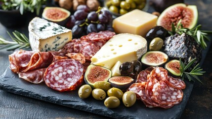 An elaborate charcuterie and cheese board on a dark slate platter, featuring a variety of artisanal cheeses, cured meats, olives, figs, and nuts, gourmet food styling, dramatic lighting, rich colors,