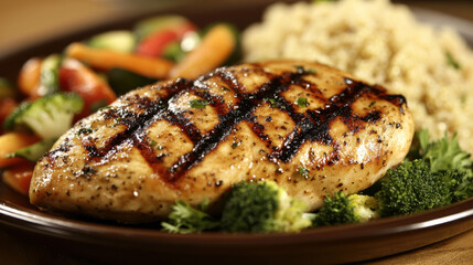 Juicy grilled chicken breast with grill marks, placed on a plate alongside steamed vegetables, quinoa, and a sprinkle of fresh herbs for a healthy meal presentation. 