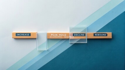 Economic Cycle Concept with Increase, Peak, Decline, and Rebound on Wooden Blocks and Transparent Panels