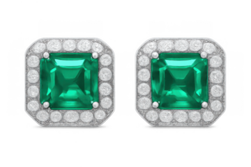 Pair of sparkling emerald cut stud earrings, surrounded by brilliant cut diamonds, set in precious metal, on transparent background