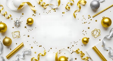 Fototapeta premium Festive golden and silver decorations scattered on a surface, creating a celebratory atmosphere. Ribbons, ornaments, and confetti are artfully arranged, suggesting joy and occasion