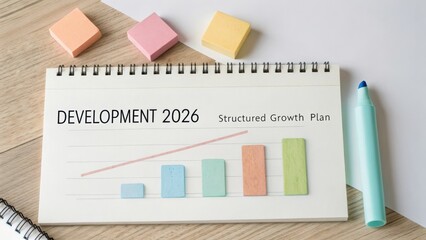 Development 2026 Structured Growth Plan with Colorful Graph on Notebook and Office Supplies for Business Strategy Visualization