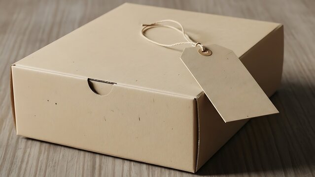 Neutral colored package with attached label card on dark brown table