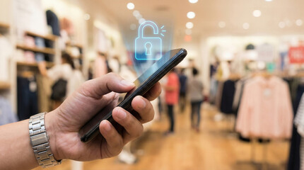 instant payment solution concept. Hand holding smartphone with a security icon in a store environment.