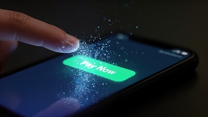 instant payment solution concept. Digital payment interface with a finger hovering over a "Pay Now" button.