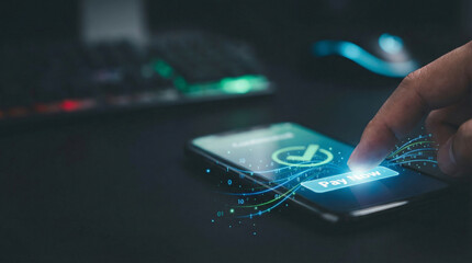 instant payment solution concept. Mobile payment interaction with digital effects on smartphone screen.