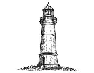 Pen and ink illustration of a tall coastal lighthouse © ce
