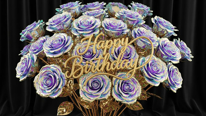 A bouquet of purple roses with Happy Birthday written in gold script against a dark background
