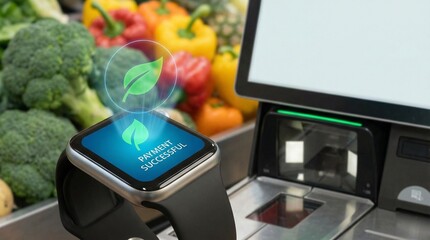 instant payment solution concept. Smartwatch displaying payment confirmation at a grocery checkout.