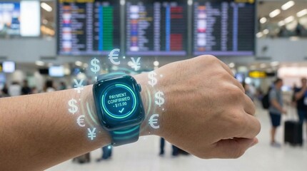 instant payment solution concept. Hand showing smartwatch with payment confirmation at an airport.
