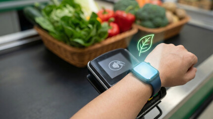 instant payment solution concept. Smartwatch scanning groceries at a checkout with fresh vegetables nearby.