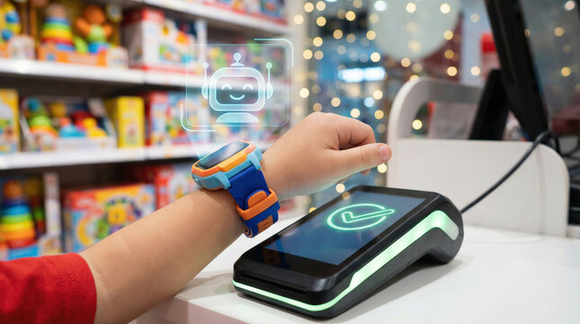 instant payment solution concept. Hand using a smartwatch for contactless payment at a store checkout. - Powered by Adobe
