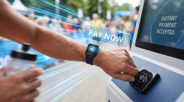 instant payment solution concept. A person using a smartwatch for a contactless payment at an event.