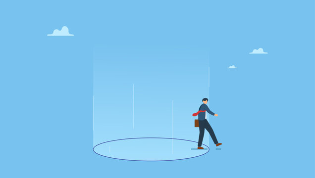 Brave businessman step out of comfort circle for new success. Step out of comfort zone or safe zone, dare to walk your own way or manage to exit from routine job to start new business journey.