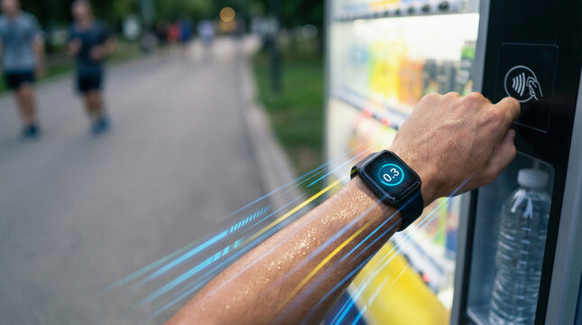 instant payment solution concept. Hand using smartwatch for contactless payment at a vending machine. - Powered by Adobe