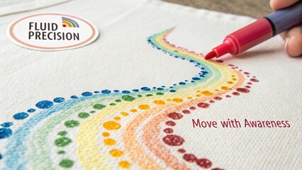 Hand using colorful markers to create vibrant rainbow dots on canvas with inspirational typography about awareness and creativity