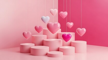 Colorful hearts floating over pink columns