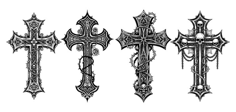 gothic christian cross symbols  stylized as engraving. hand drawn sketch for print, tattoo flash