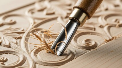 Wood carving process using chisel on a wooden surface with intricate designs