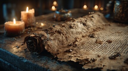 Macro close-up of ancient parchment texture in a mystical book with warm candlelight illuminating intricate details, creating a cinematic magical realism scene with high detail and fantasy atmosphere.