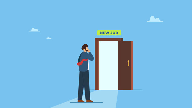 Businessman thinking and make decision to exit bright future opening door with sign on top as New Job. New job challenge, make decision for new opportunity in work or career development.
