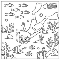 cartoon of a little boy diving enjoying the underwater world and biota. Illustration sketch for coloring book with underwater adventure theme © Garisseni_std