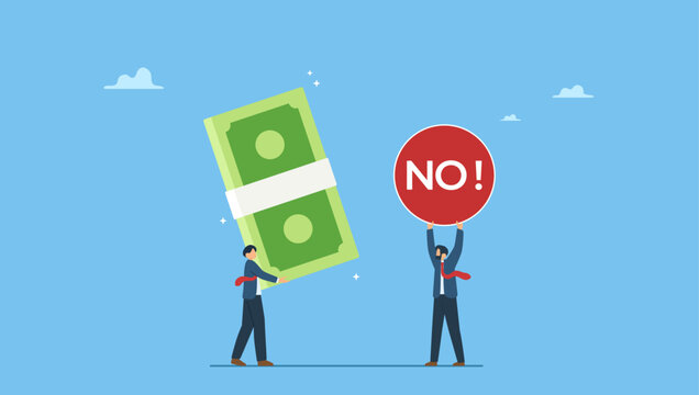 Honest businessman refuse to take illegal money banknotes. Stop Corruption, refusing to take bribery money.