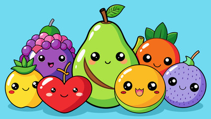 Minimalist Kawaii Fruit Sticker Set with Simple Faces,  Cute Fruit Icons: Green Apple, Orange, and Berry Illustration,