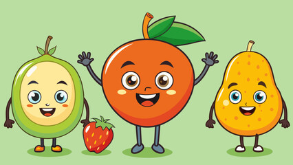 Minimalist Kawaii Fruit Sticker Set with Simple Faces,  Cute Fruit Icons: Green Apple, Orange, and Berry Illustration,