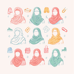 A hand drawn hijab themed icon set featuring various hijab styles and accessories in a clean soft outline style suitable for February content