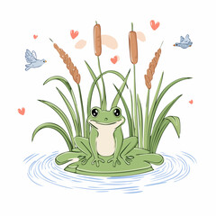 A nature themed icon set illustrating wetland animals and plants in simple hand sketched doodles