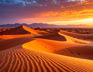 Golden sand dunes at sunset stretch toward mountains beneath a vibrant, cloudy sky