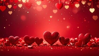 Obraz premium A cluster of red hearts floating amidst a romantic red background with scattered heart shapes and sparkling lights