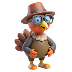 Cute 3D Cartoon Turkey Character Wearing Hat and Glasses Isolated on White Background