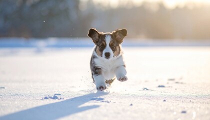 雪の上を走り回る子犬の写真
