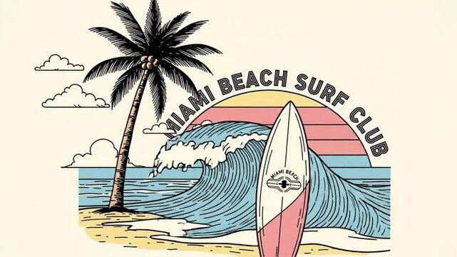 Miami Beach Surf Club Vintage Illustration Tropical Sunset Ocean Waves Surfboard Palm Tree.