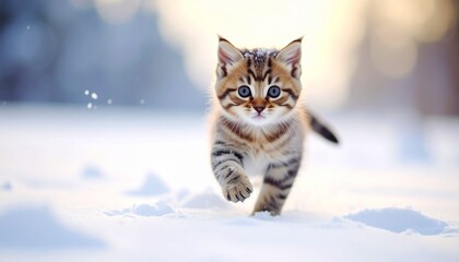 雪の上を走り回る子猫の写真