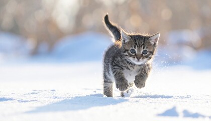 雪の上を走り回る子猫の写真