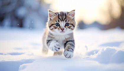 雪の上を走り回る子猫の写真
